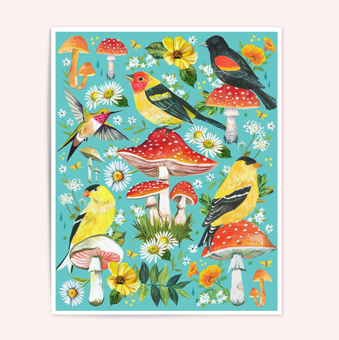 Birds & Mushrooms Art Print