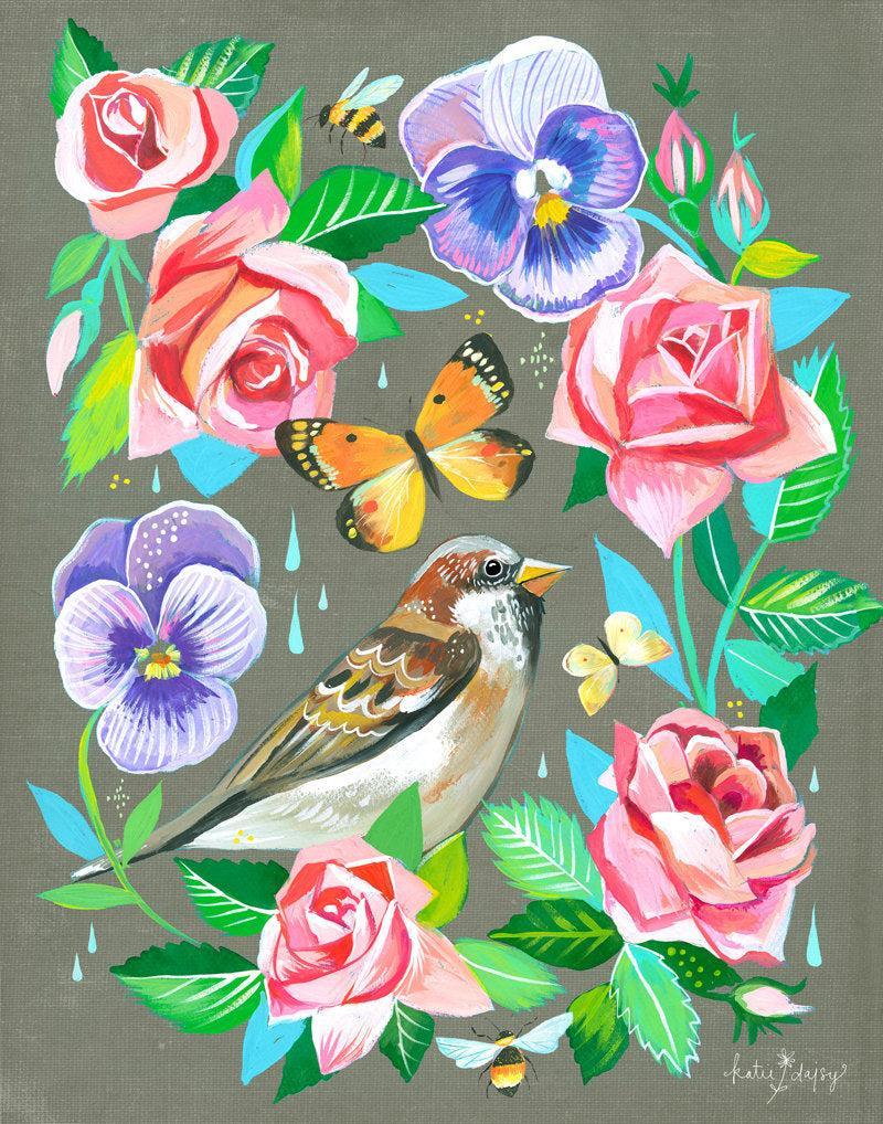 Sparrow in Roses Art Print