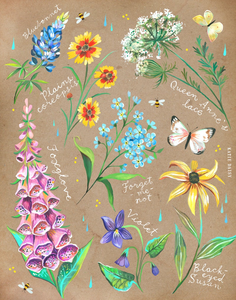 Wildflower Chart on Kraft Art Print