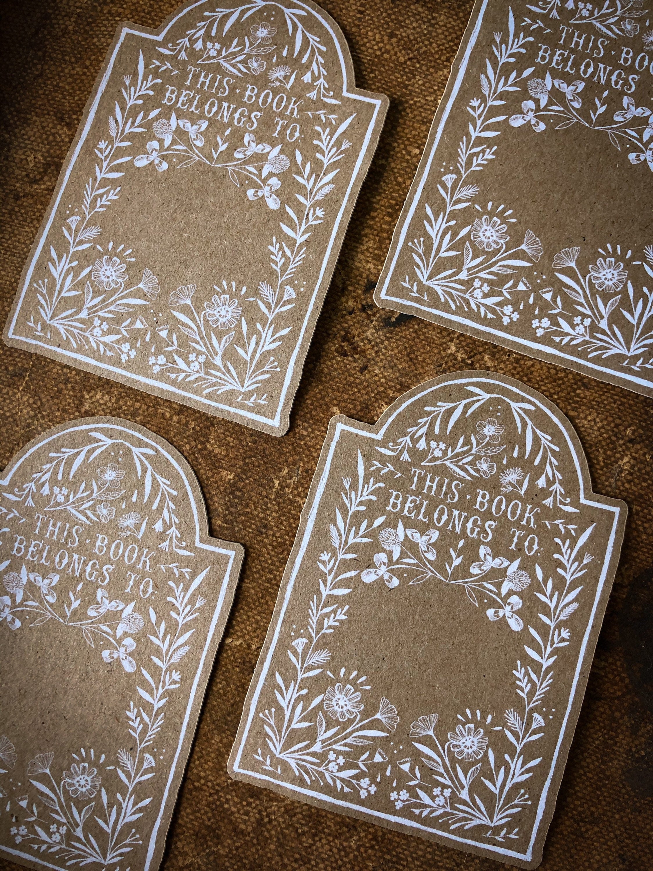 Floral Bookplates/Ex Libris on Kraft (Set of 4)