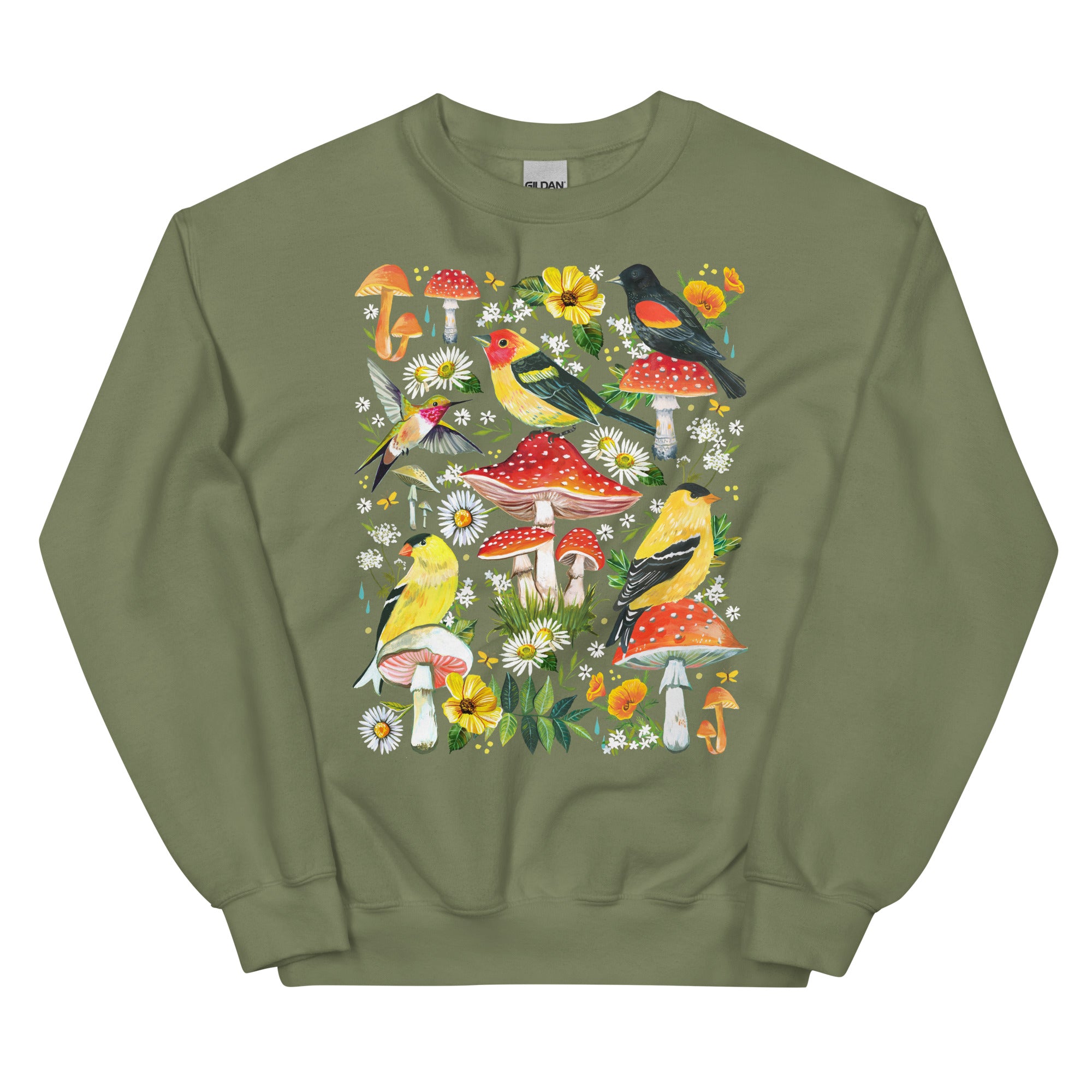 Mushrooms and Birds Sweatshirt Military Green