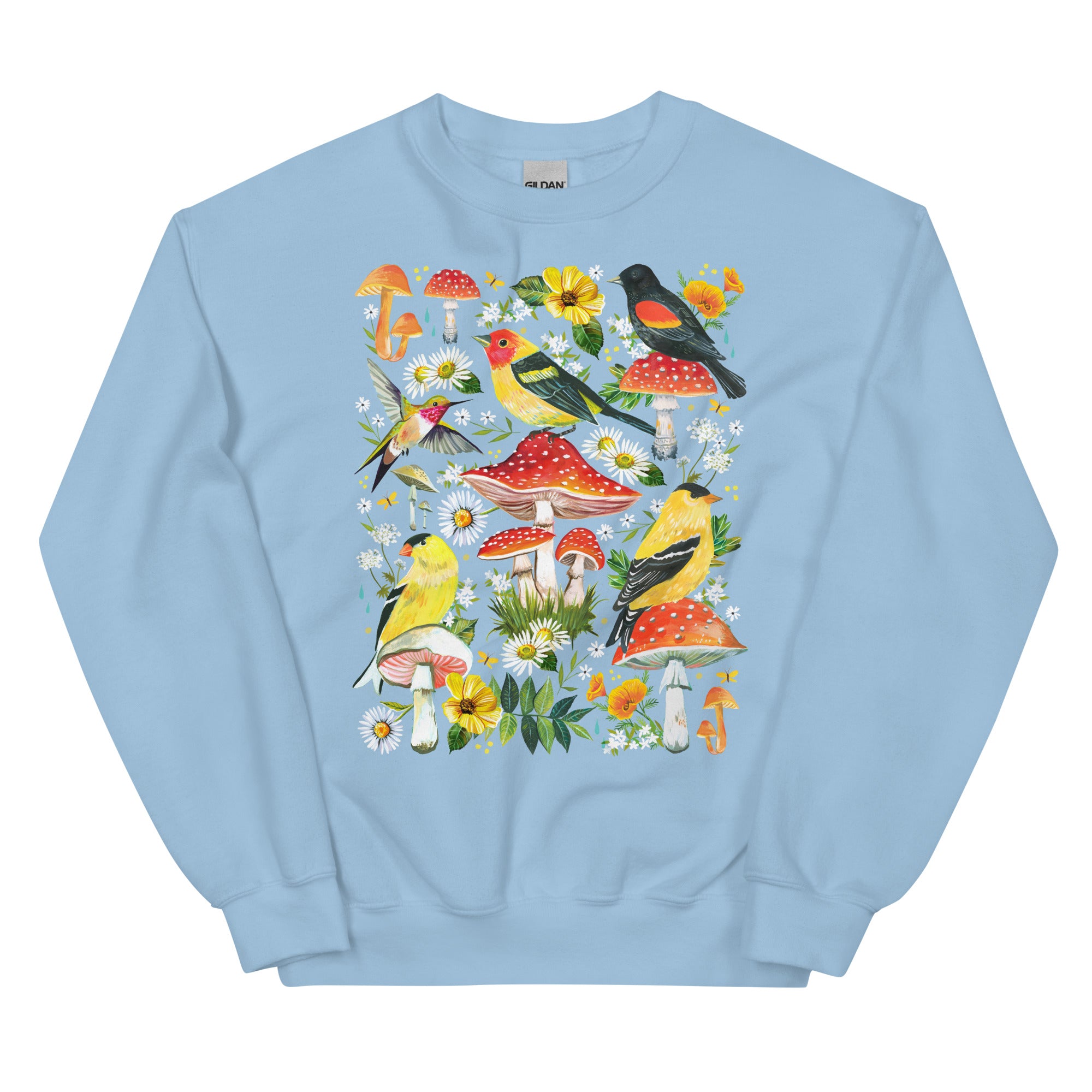 Mushrooms and Birds Sweatshirt Light Blue