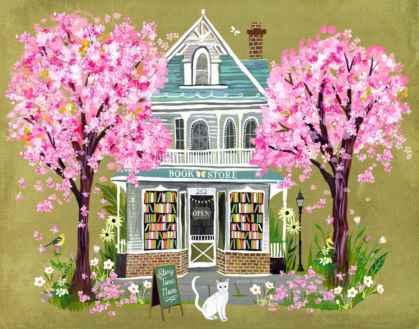 Cherry Blossom Book Shop Art Print